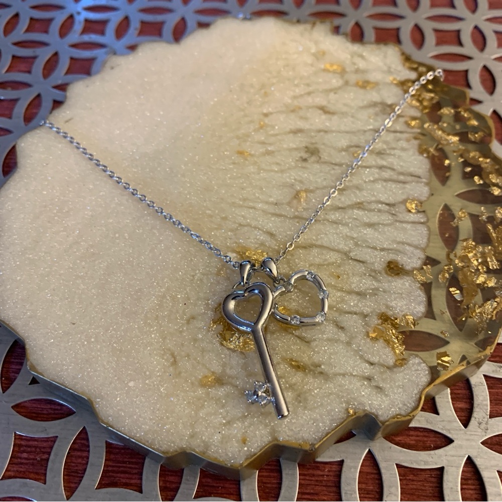 Love Silver Tone Heart Key Pendant Necklace